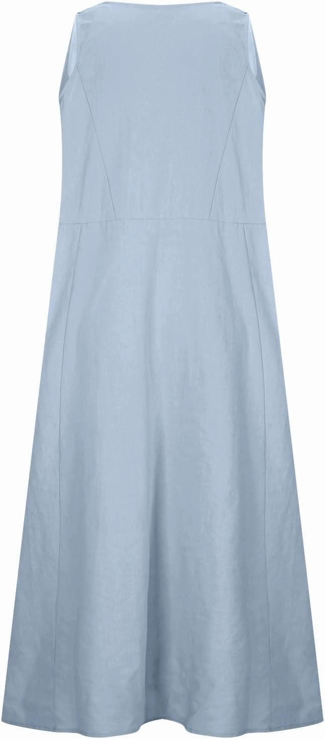 Cotton Linen Dresses for Women 2024 Casual Sleeveless Summer Dresses Casual Crewneck Maxi Dress Trendy Summer Beach Outfits
