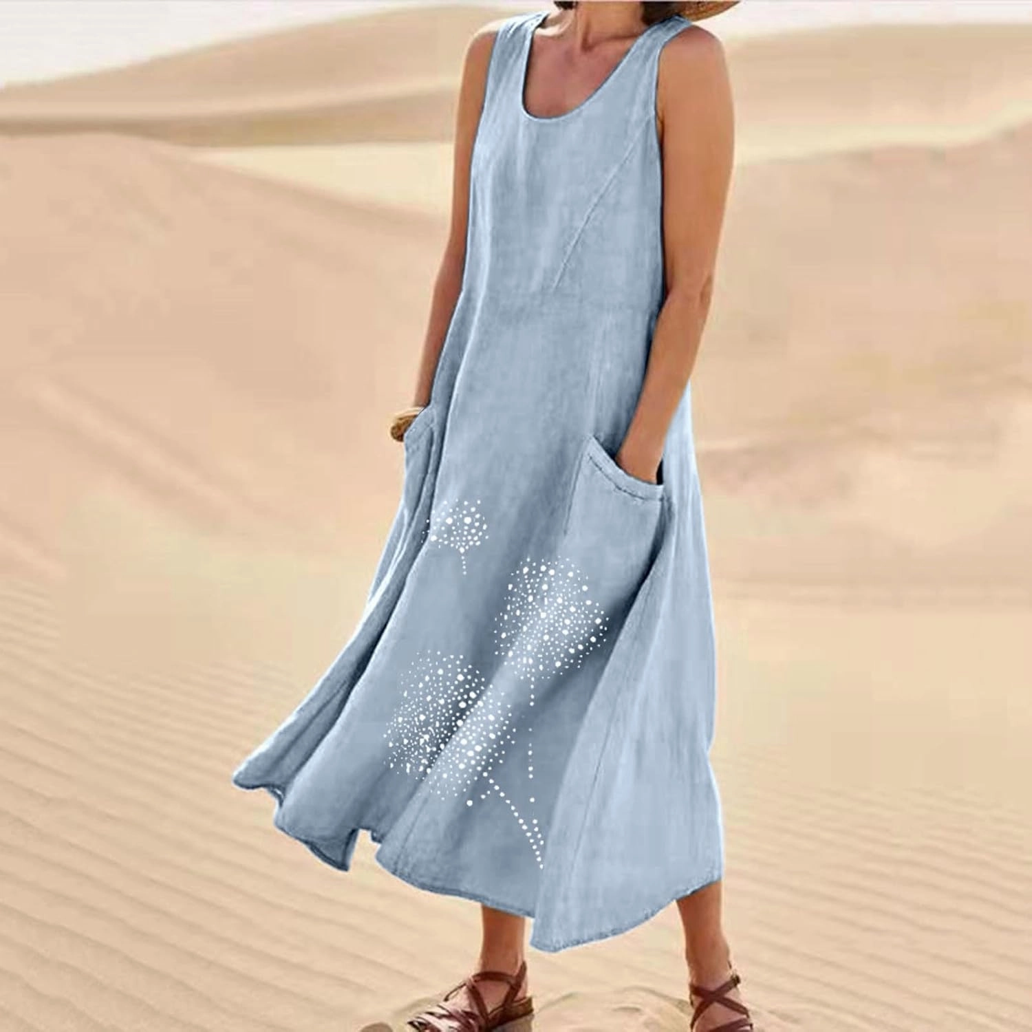 Cotton Linen Dresses for Women 2024 Casual Sleeveless Summer Dresses Casual Crewneck Maxi Dress Trendy Summer Beach Outfits