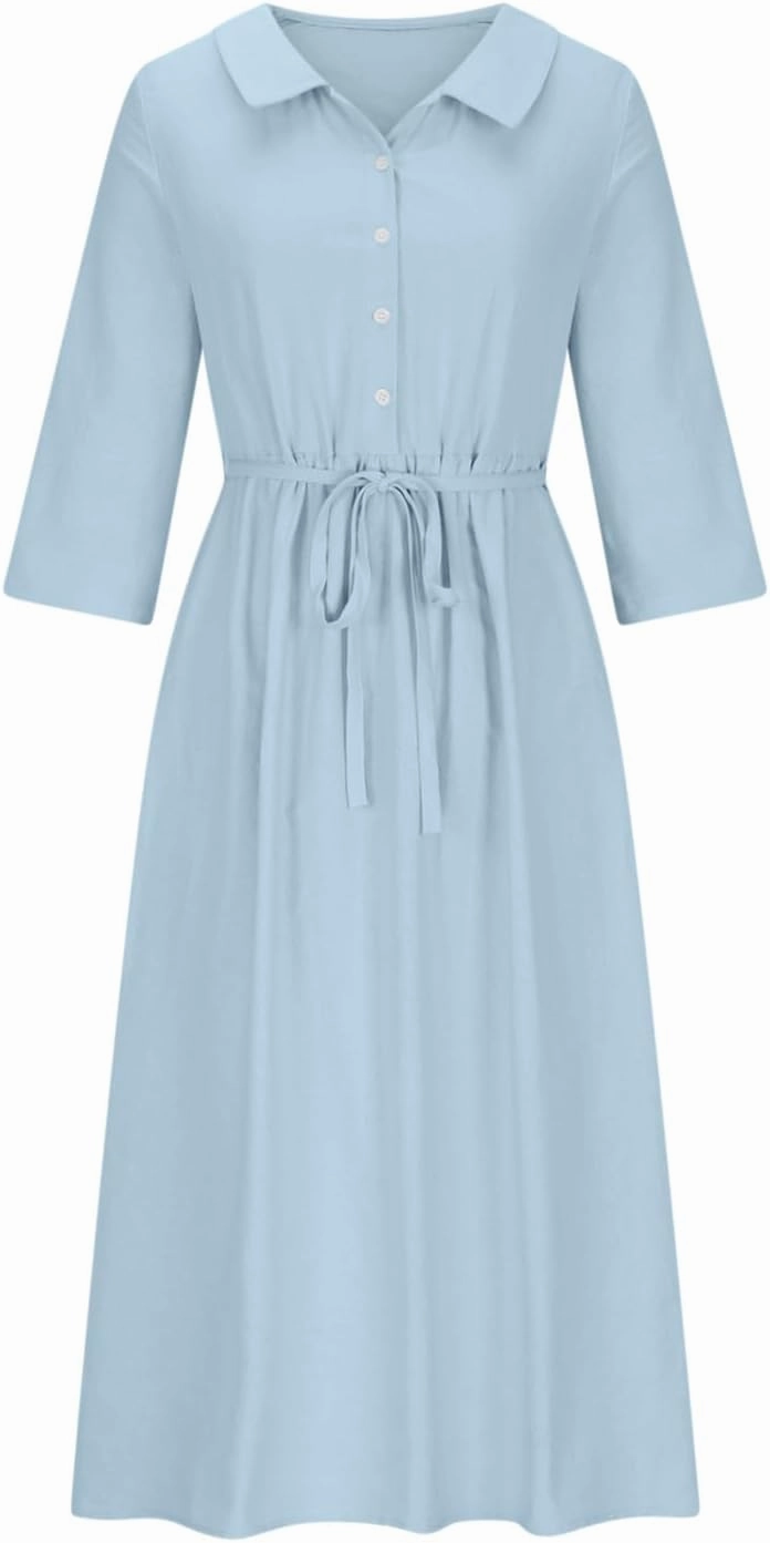 Cotton Linen Dresses for Women 2024 Maxi Button Down Plus Size A Line Dress Trendy 3/4 Sleeve Floral Dress Summer Dresses