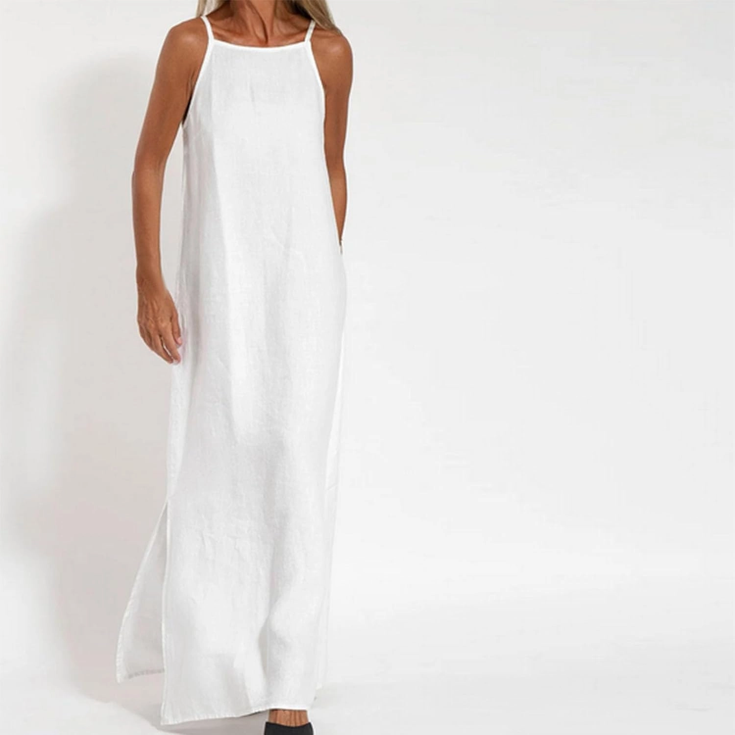 Cotton Linen Maxi Dresses for Women Spaghetti Strap Backless Floor Length Beach Dress Summer Elegant Flowy Sundresses