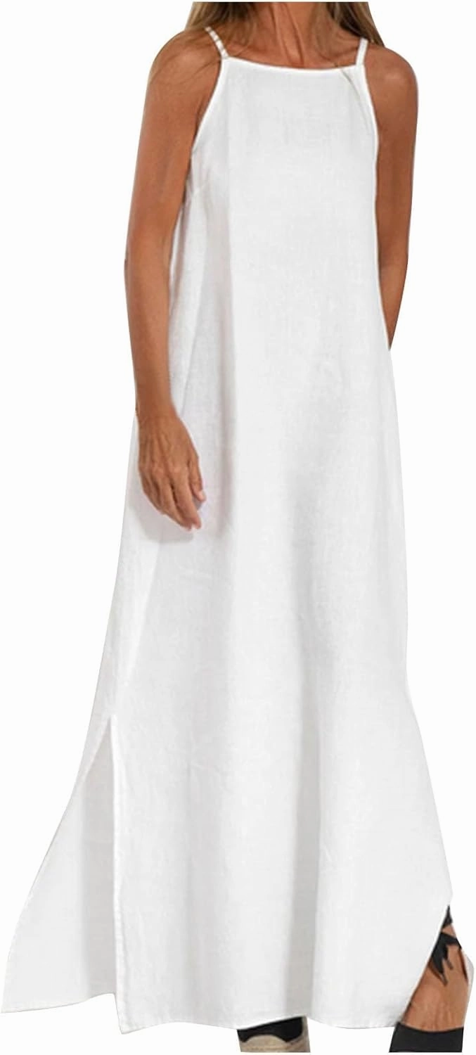 Cotton Linen Maxi Dresses for Women Spaghetti Strap Backless Floor Length Beach Dress Summer Elegant Flowy Sundresses