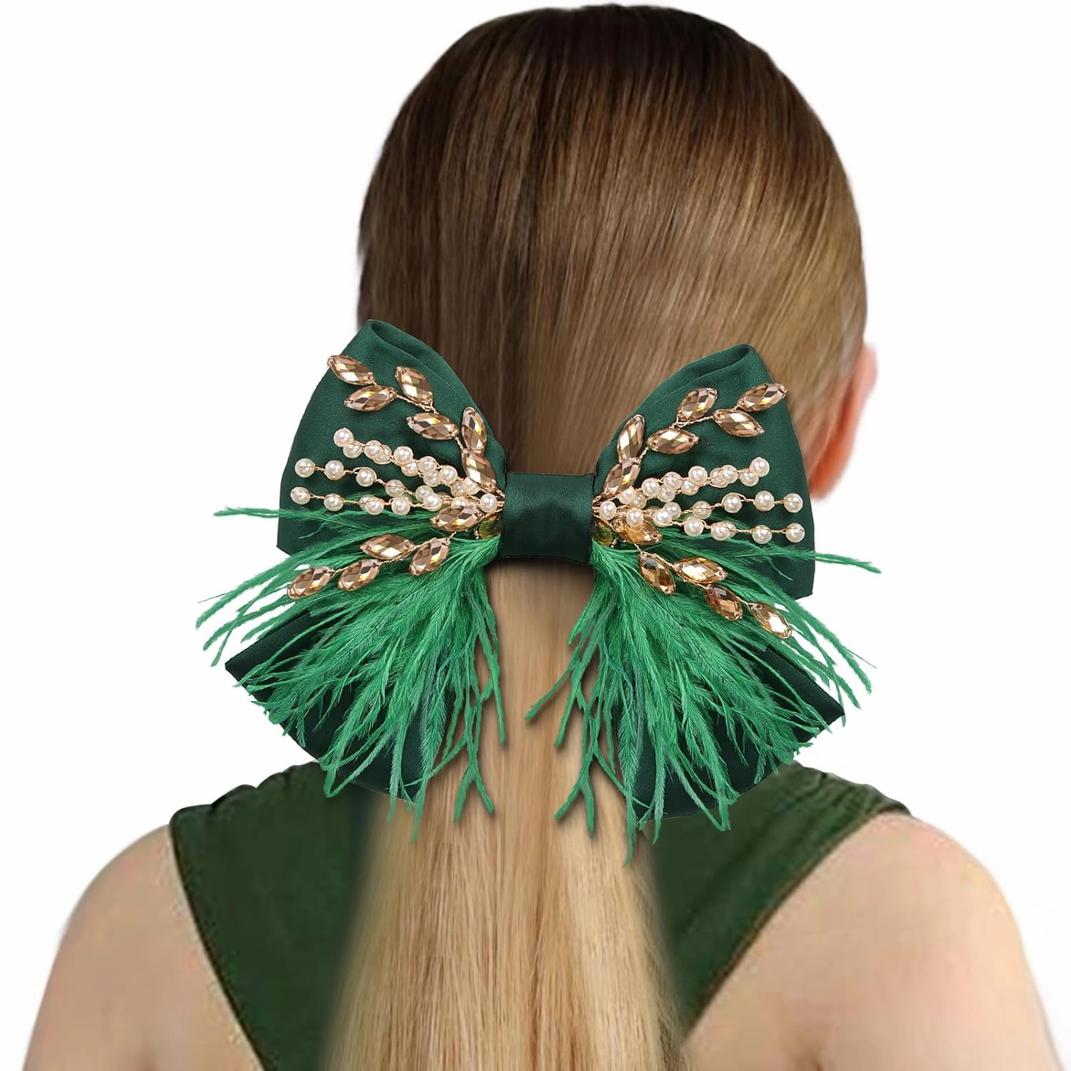 CROWN GUIDE Large Hair Bows Clips for Women Girls Silk Satin Hair Barrettes, Feather Coquette Bows Hair Ties Ribbon Bow Claw Clip Hair Accessories with Pearl Crystal Green