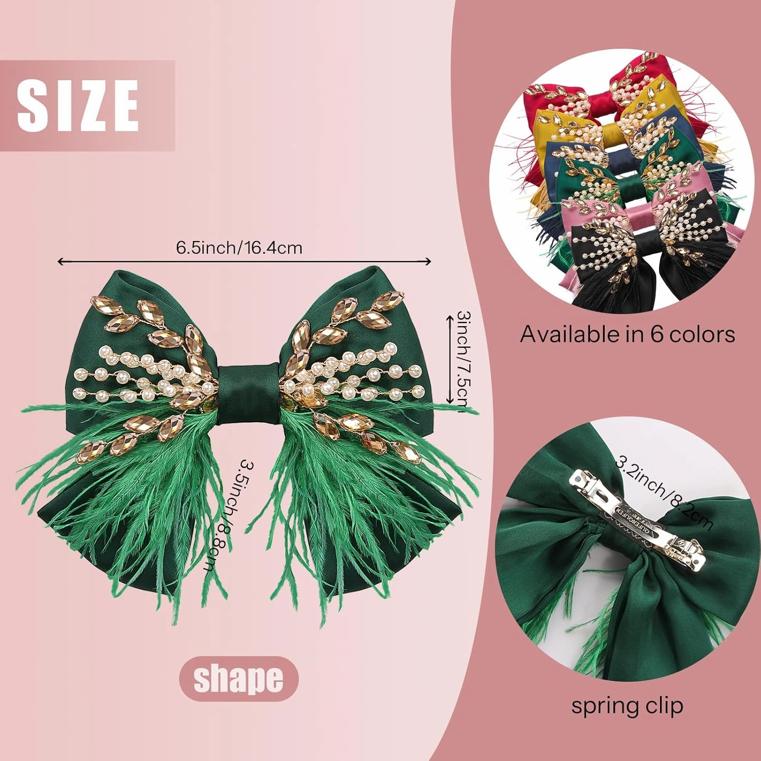 CROWN GUIDE Large Hair Bows Clips for Women Girls Silk Satin Hair Barrettes, Feather Coquette Bows Hair Ties Ribbon Bow Claw Clip Hair Accessories with Pearl Crystal Green