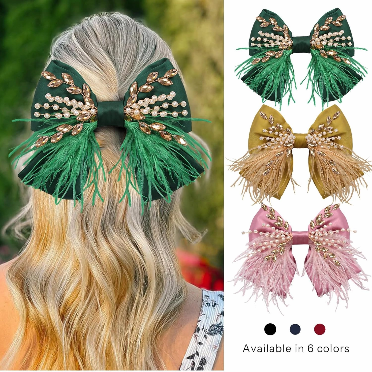 CROWN GUIDE Large Hair Bows Clips for Women Girls Silk Satin Hair Barrettes, Feather Coquette Bows Hair Ties Ribbon Bow Claw Clip Hair Accessories with Pearl Crystal Green
