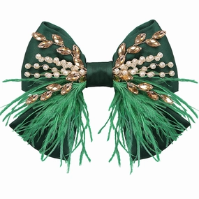 CROWN GUIDE Large Hair Bows Clips for Women Girls Silk Satin Hair Barrettes, Feather Coquette Bows Hair Ties Ribbon Bow Claw Clip Hair Accessories with Pearl Crystal Green