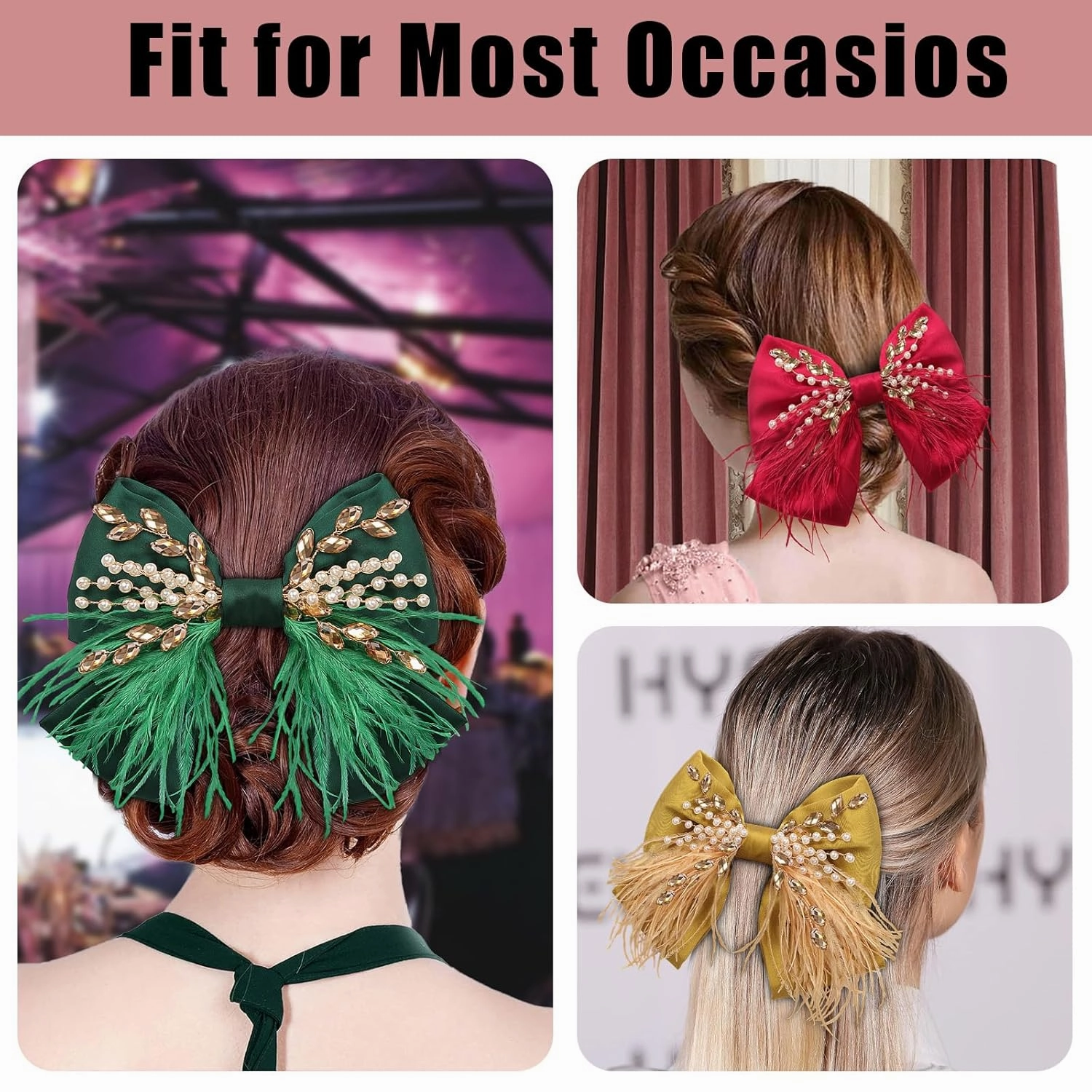 CROWN GUIDE Large Hair Bows Clips for Women Girls Silk Satin Hair Barrettes, Feather Coquette Bows Hair Ties Ribbon Bow Claw Clip Hair Accessories with Pearl Crystal Green