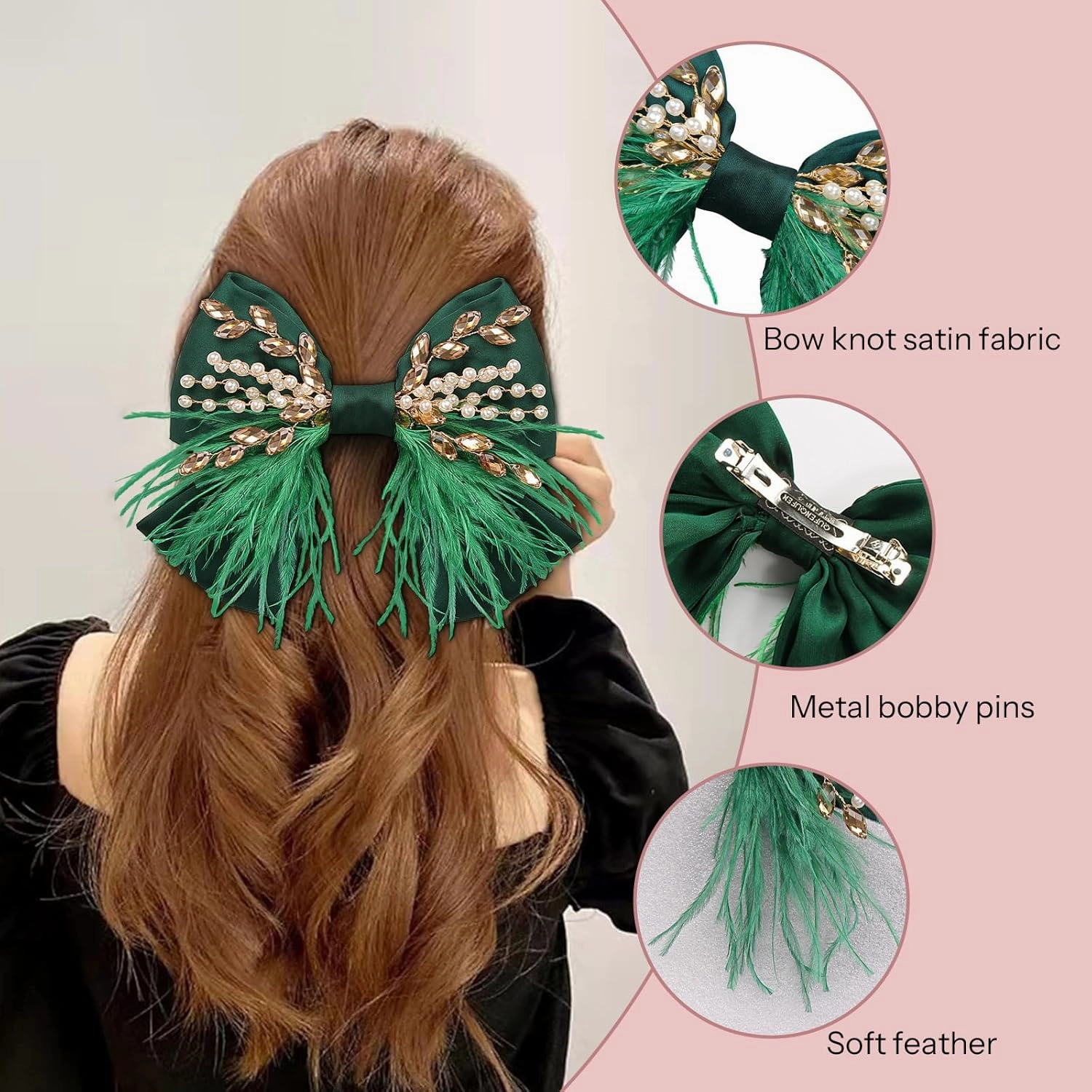 CROWN GUIDE Large Hair Bows Clips for Women Girls Silk Satin Hair Barrettes, Feather Coquette Bows Hair Ties Ribbon Bow Claw Clip Hair Accessories with Pearl Crystal Green