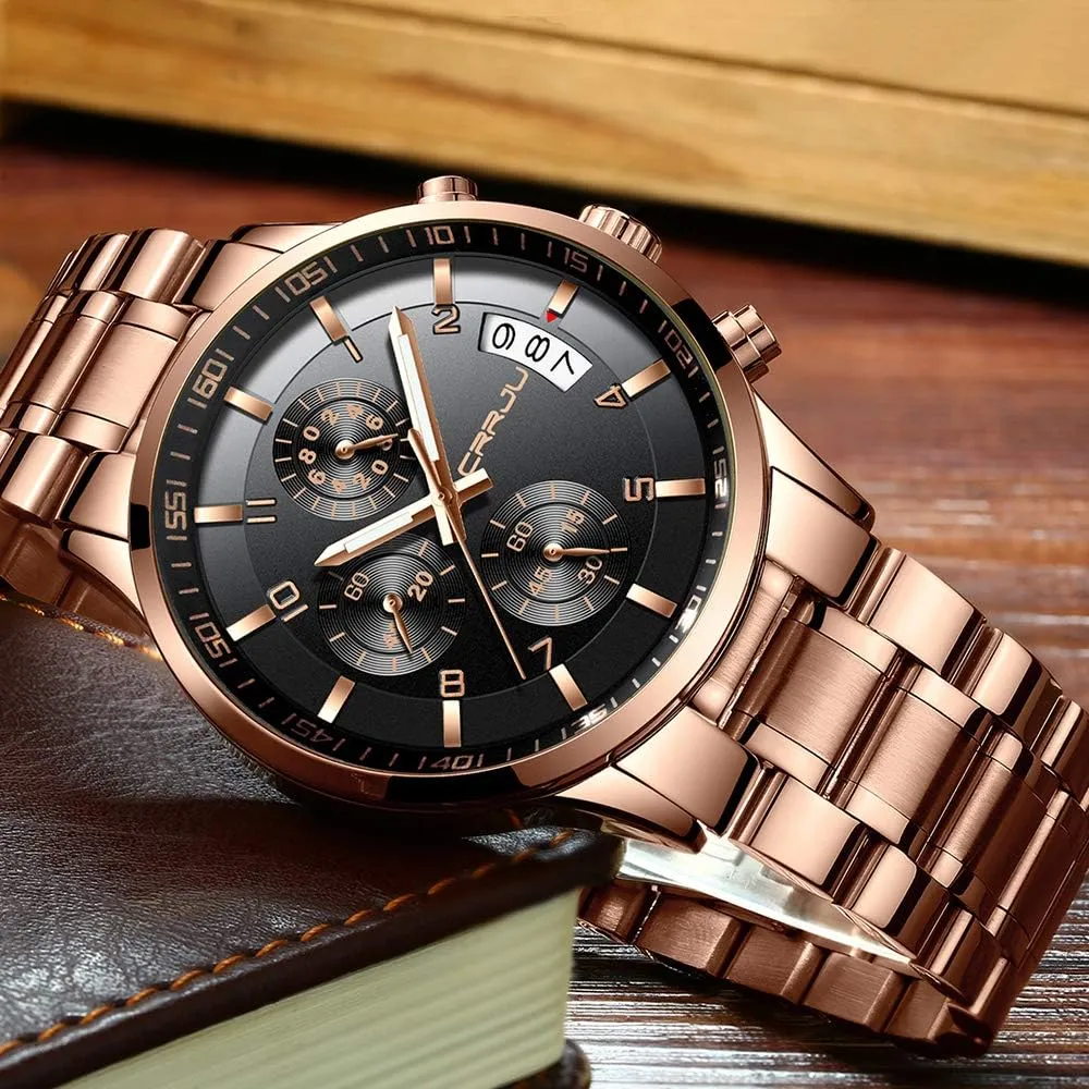 CRRJU Men's Fashion Stainless Steel Watches Date Waterproof Chronograph Wristwatches,Stainsteel Steel Band Waterproof Watch