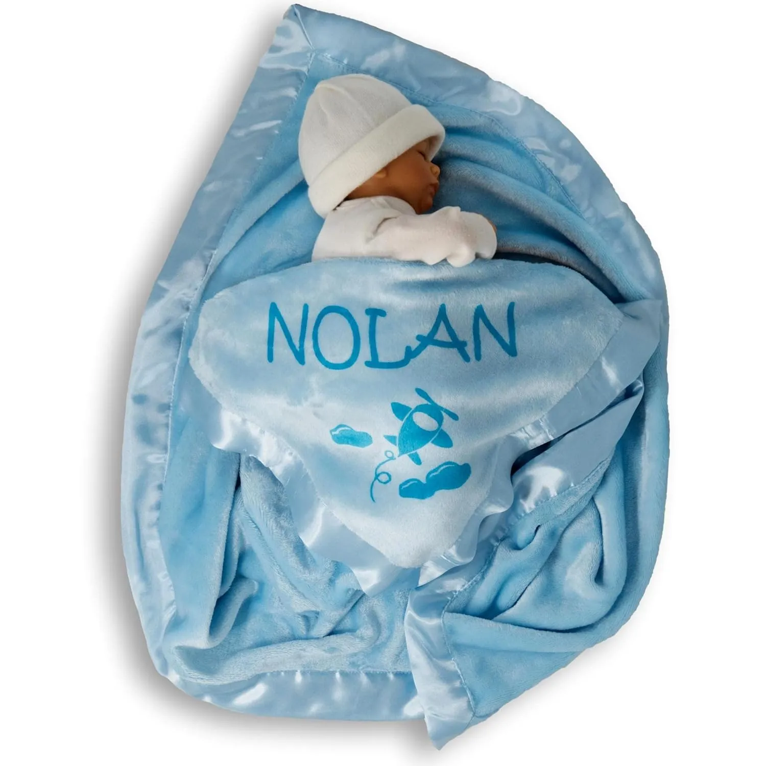 Custom Catch Ships Next Day - Vermont Workshop - Personalized Airplane Baby Blanket - Boy Name Gift - Blue or Pink (1 Text LIne)