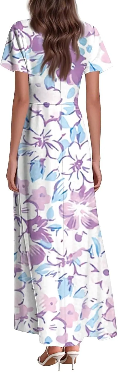 Cute Floral Maxi Dresses for Women 2025 Flowy Short Sleeve Chiffon Dress Summer Casual Prom Beach Clothes Easter Dress