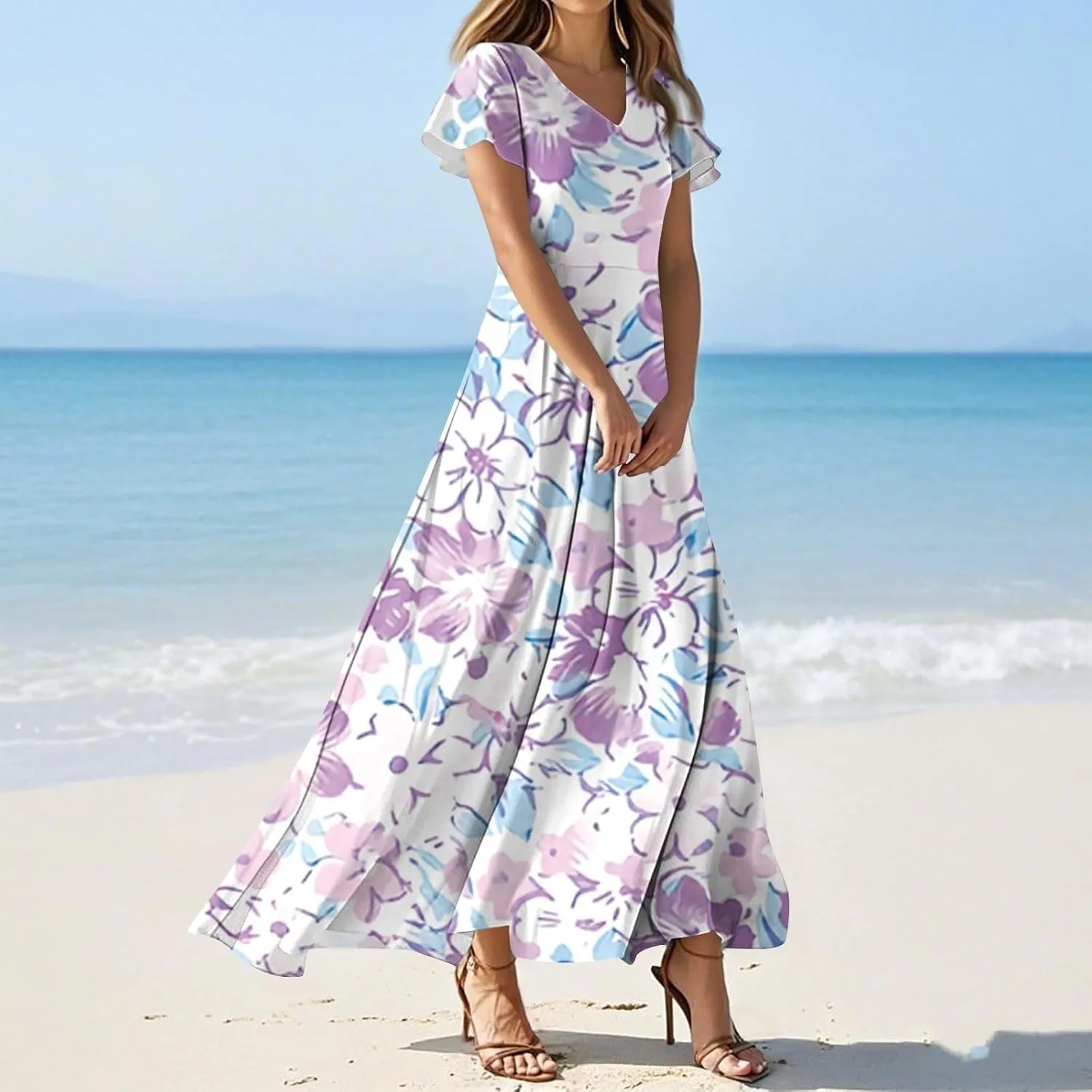 Cute Floral Maxi Dresses for Women 2025 Flowy Short Sleeve Chiffon Dress Summer Casual Prom Beach Clothes Easter Dress