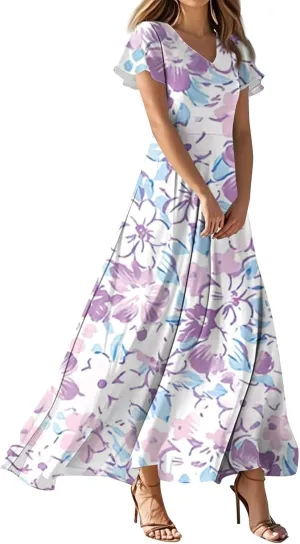 Cute Floral Maxi Dresses for Women 2025 Flowy Short Sleeve Chiffon Dress Summer Casual Prom Beach Clothes Easter Dress