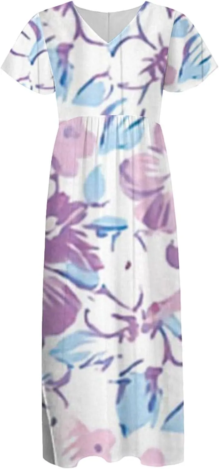 Cute Floral Maxi Dresses for Women 2025 Flowy Short Sleeve Chiffon Dress Summer Casual Prom Beach Clothes Easter Dress