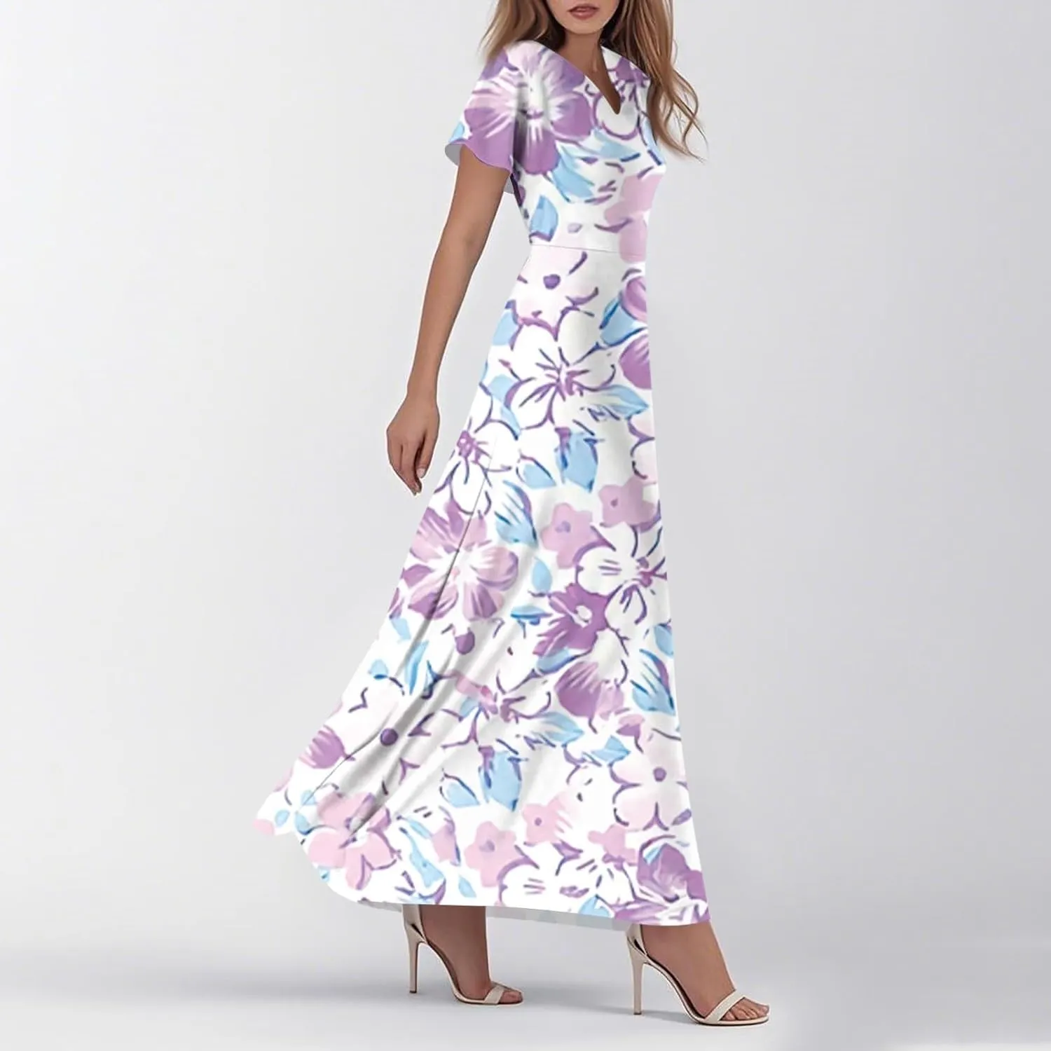 Cute Floral Maxi Dresses for Women 2025 Flowy Short Sleeve Chiffon Dress Summer Casual Prom Beach Clothes Easter Dress