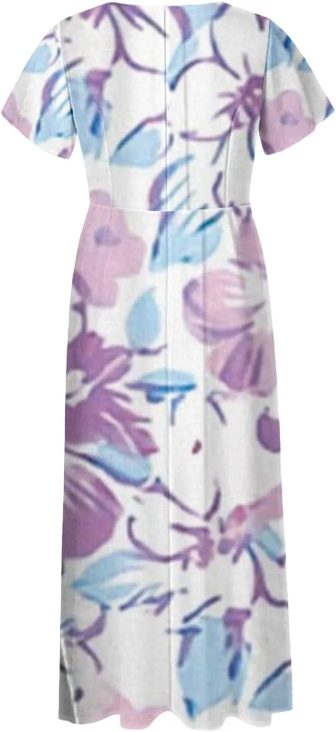 Cute Floral Maxi Dresses for Women 2025 Flowy Short Sleeve Chiffon Dress Summer Casual Prom Beach Clothes Easter Dress
