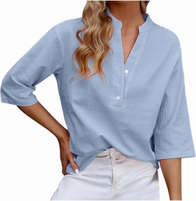 DASAYO Women's Casual 3/4 Length Sleeve Shirts Solid Color V Neck Button up Blouse Loose Fit Spring Summer Outfits