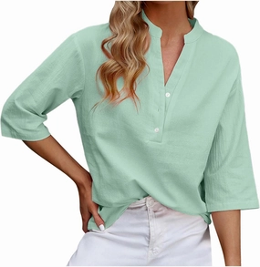 DASAYO Women's Casual 3/4 Length Sleeve Shirts Solid Color V Neck Button up Blouse Loose Fit Spring Summer Outfits