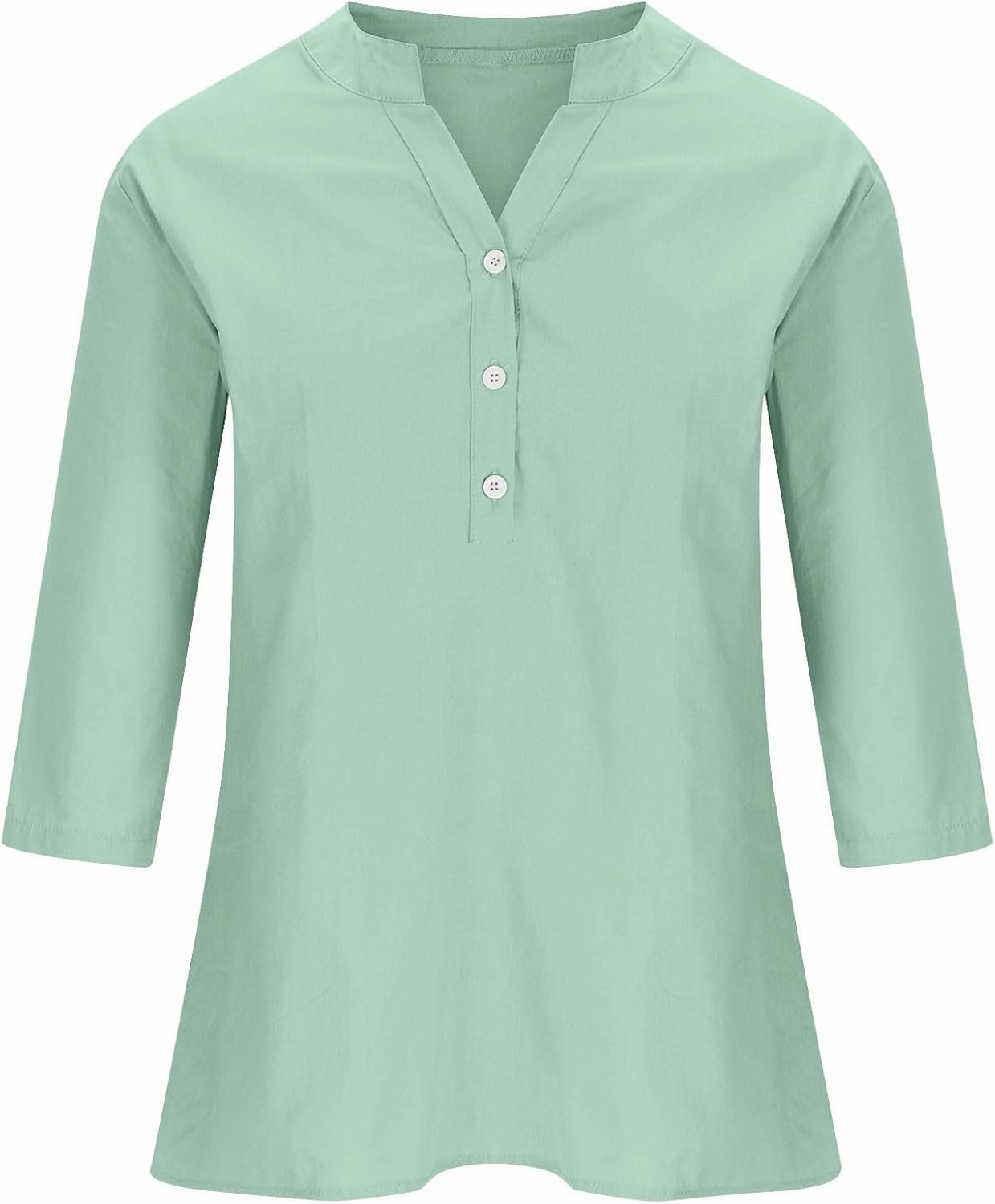 DASAYO Women's Casual 3/4 Length Sleeve Shirts Solid Color V Neck Button up Blouse Loose Fit Spring Summer Outfits