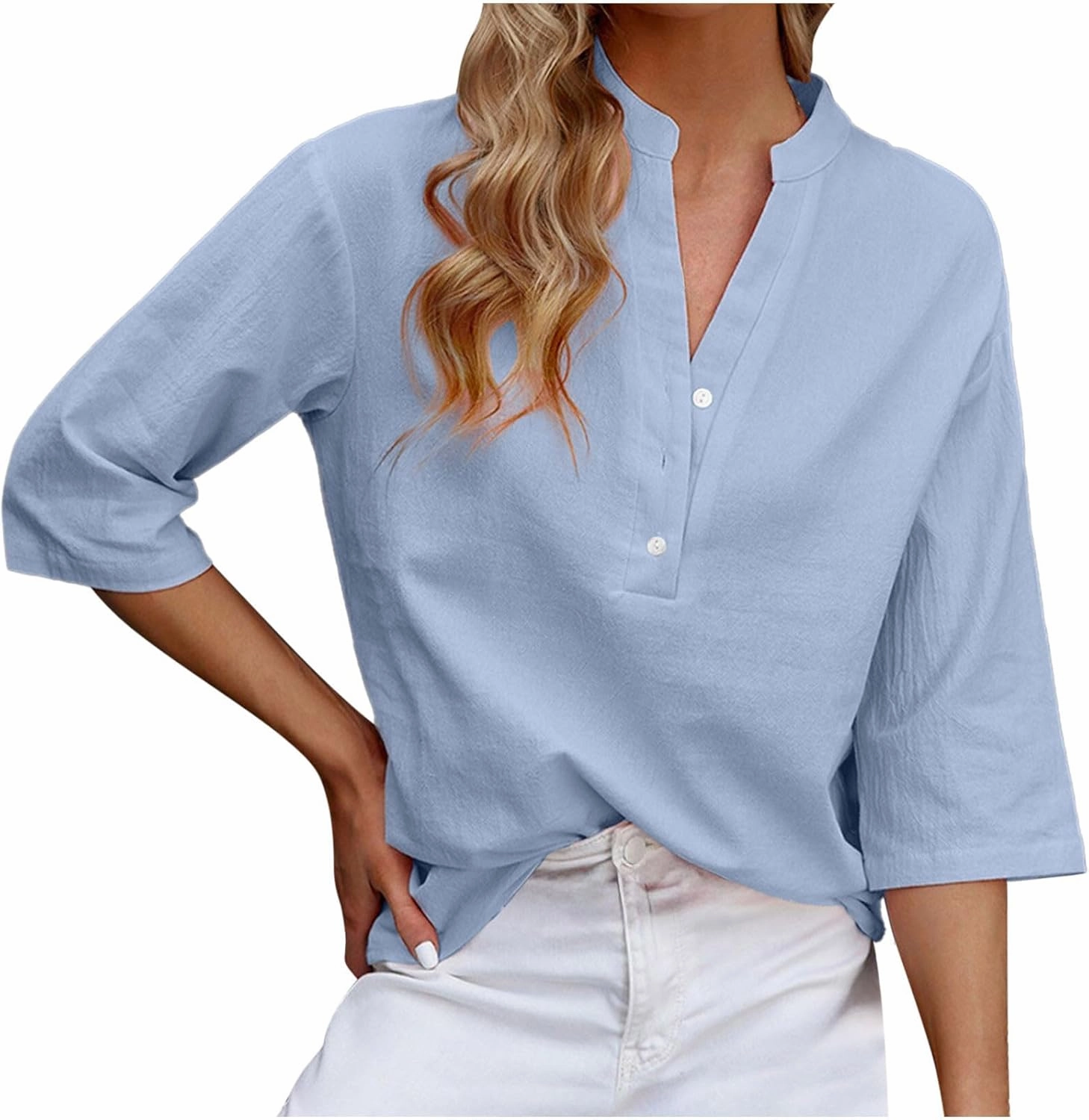 DASAYO Women's Casual 3/4 Length Sleeve Shirts Solid Color V Neck Button up Blouse Loose Fit Spring Summer Outfits