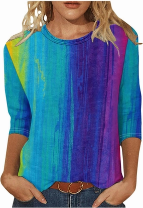 DASAYO Womens Fashion 2024 3/4 Sleeve Shirts Crewneck Casual Plus Size Tops for Women Trendy Tie Die Print Going Out Tops