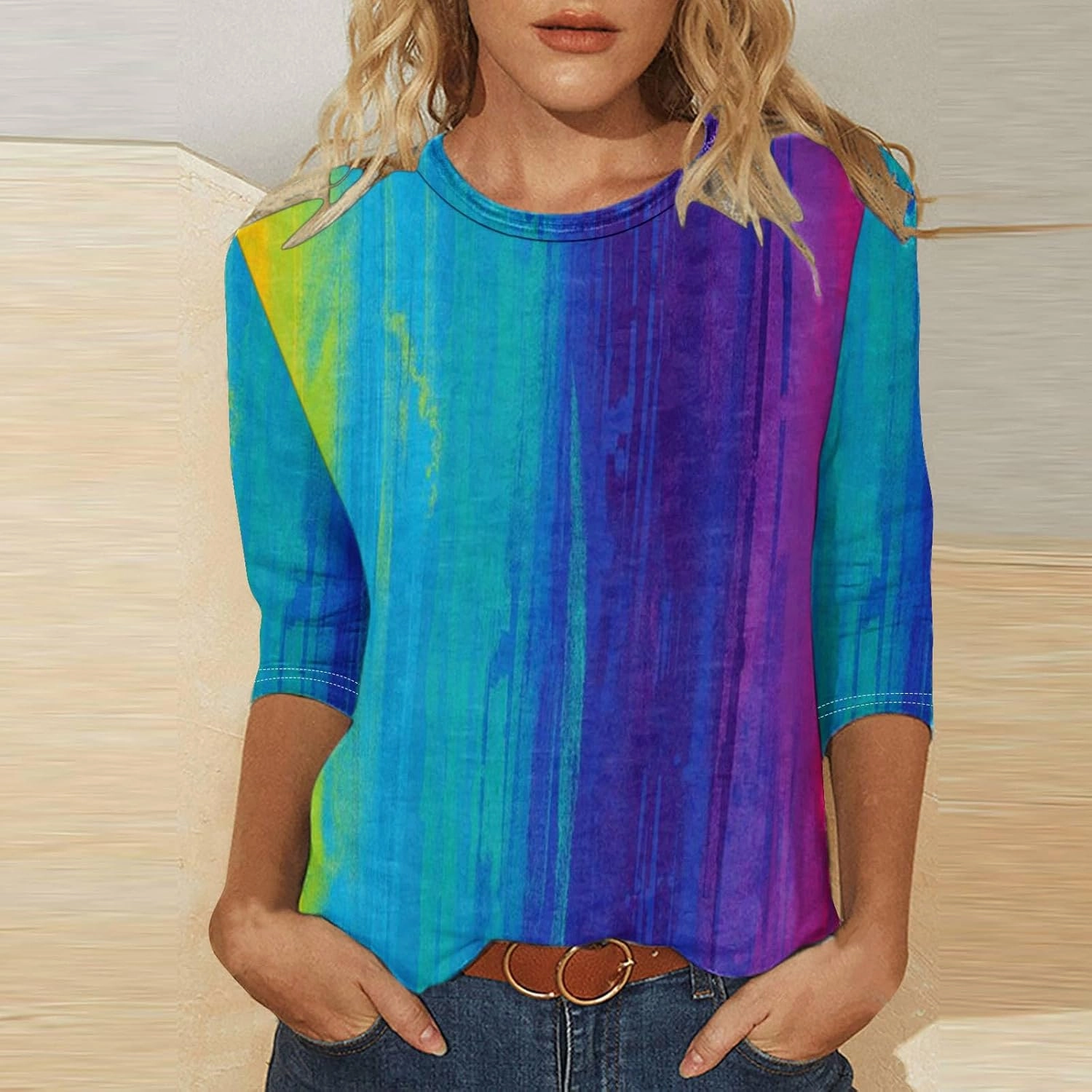 DASAYO Womens Fashion 2024 3/4 Sleeve Shirts Crewneck Casual Plus Size Tops for Women Trendy Tie Die Print Going Out Tops
