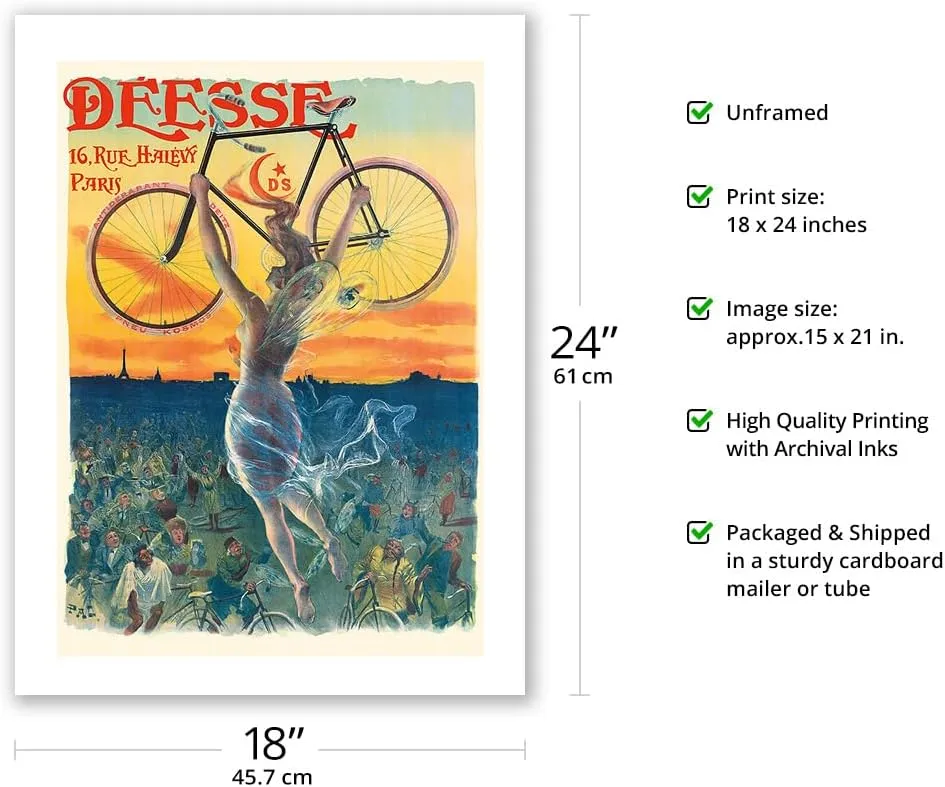 Déesse Bicycles - Paris France - Winged Goddess - Vintage Advertising Poster by Jean de Paleologue c.1898 - Fine Art Matte Paper Print (Unframed) 18x24in
