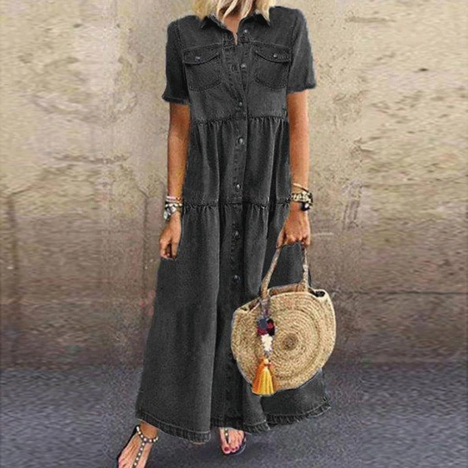 Denim Dress for Women Button Down Long Shirt Vacation Dresses Tiered Casual Summer Solid Color Trendy A-Line Dress