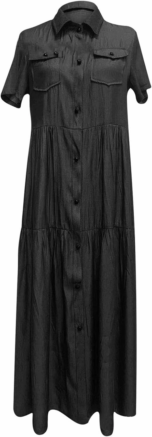 Denim Dress for Women Button Down Long Shirt Vacation Dresses Tiered Casual Summer Solid Color Trendy A-Line Dress