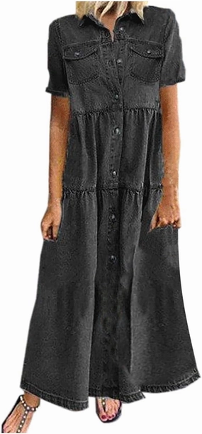 Denim Dress for Women Button Down Long Shirt Vacation Dresses Tiered Casual Summer Solid Color Trendy A-Line Dress