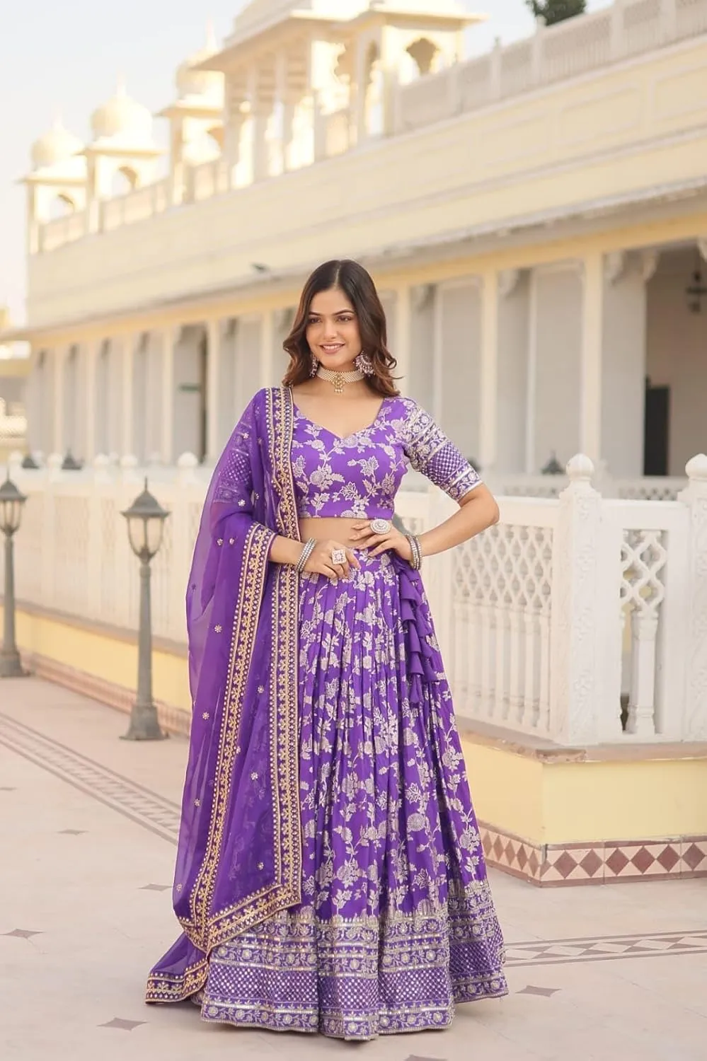 Designer Dyeable Pure Viscose Jacquard Fabric Lehenga Choli & Dupatta Set