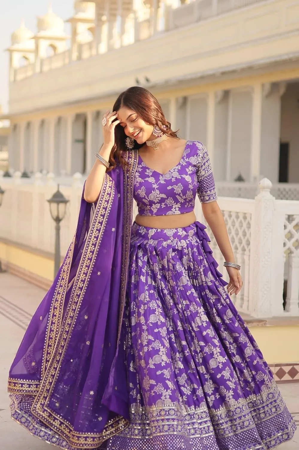 Designer Dyeable Pure Viscose Jacquard Fabric Lehenga Choli & Dupatta Set