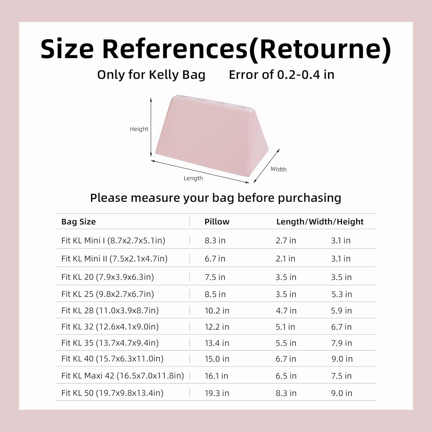 DGAZ Purse Pillow Shaper Insert for Hermes Kelly Bags, Silky Pillow Shaper for Luxury Handbags(Pink,KLmini2)