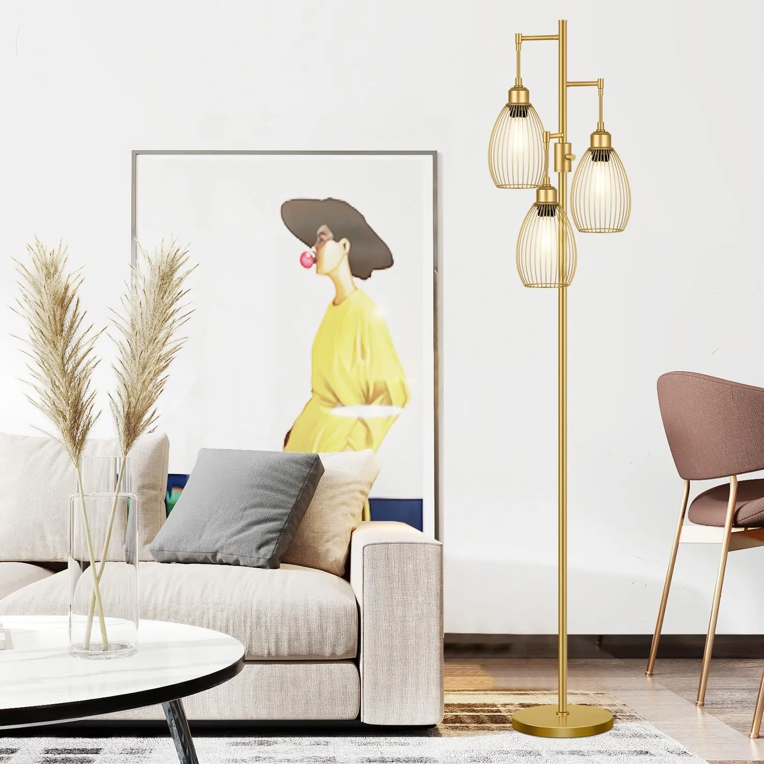 Dimmable Floor Lamp, 3 x 800LM LED Edison Bulbs Included, Farmhouse Industrial Floor Lamp Standing Tree Lamp with Elegant Teardrop Cage Head Tall Lamp for Living Room Bedroom Office Dining Room - Gold