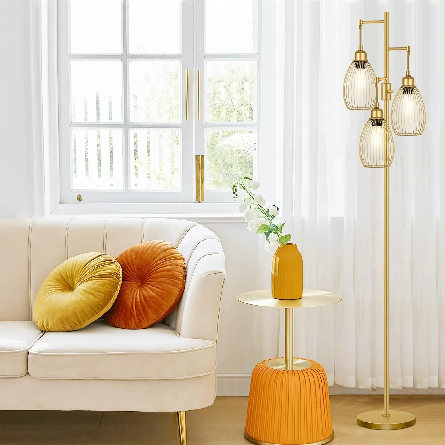 Dimmable Floor Lamp, 3 x 800LM LED Edison Bulbs Included, Farmhouse Industrial Floor Lamp Standing Tree Lamp with Elegant Teardrop Cage Head Tall Lamp for Living Room Bedroom Office Dining Room - Gold