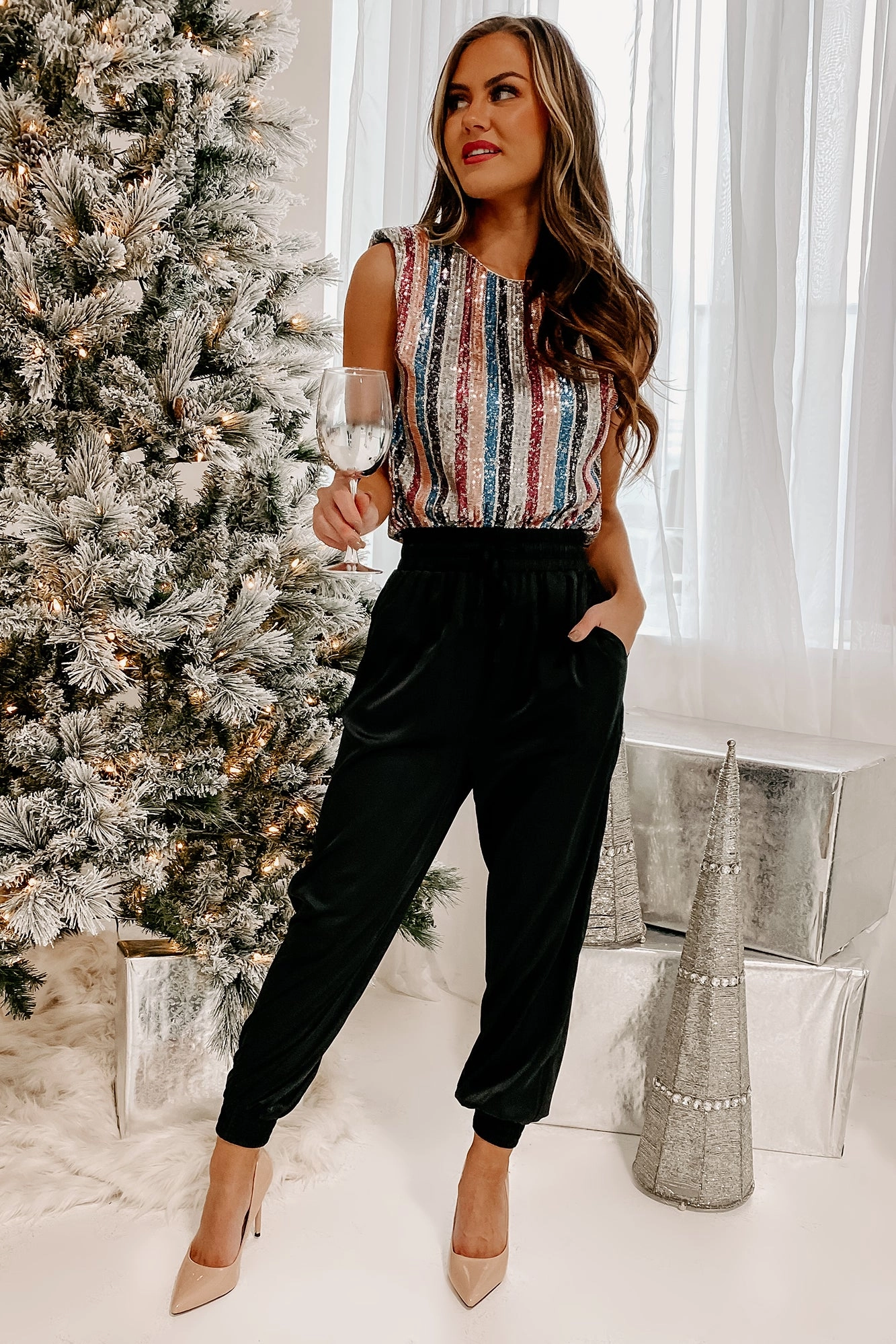 Disco Fever Sequin Padded Shoulder Top (Grey/Blush)