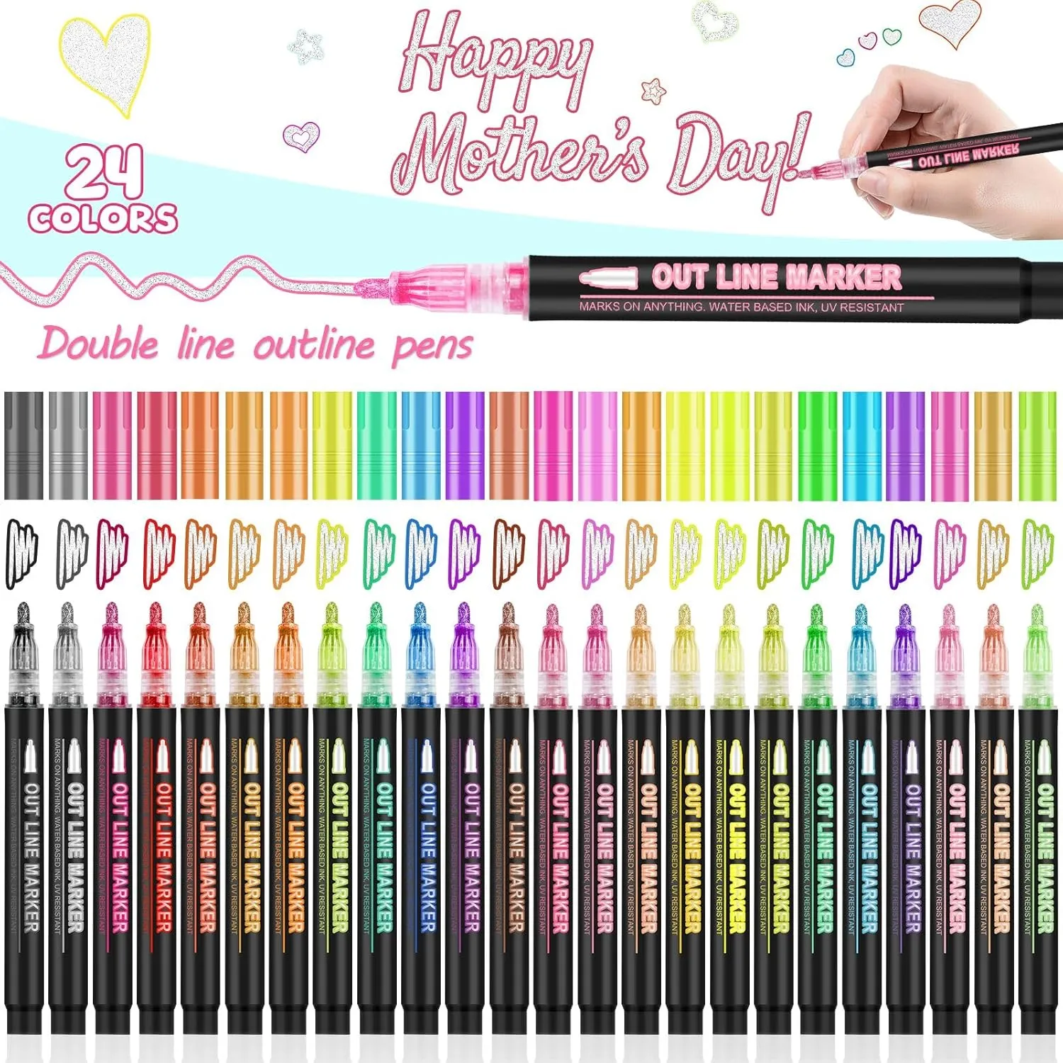 Double Line Outline Markers, 24 Colors Self-Outline Metallic Markers Super Squiggles Shimmer Outline Marker Set for Drawing, Birthday Greeting Card, Doodling, Journal, DIY Art Crafts