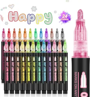 Double Line Outline Markers, 24 Colors Self-Outline Metallic Markers Super Squiggles Shimmer Outline Marker Set for Drawing, Birthday Greeting Card, Doodling, Journal, DIY Art Crafts