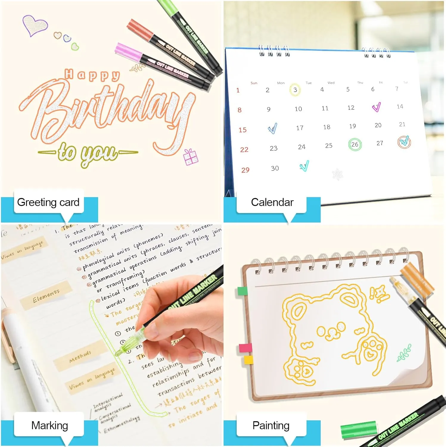 Double Line Outline Markers, 24 Colors Self-Outline Metallic Markers Super Squiggles Shimmer Outline Marker Set for Drawing, Birthday Greeting Card, Doodling, Journal, DIY Art Crafts