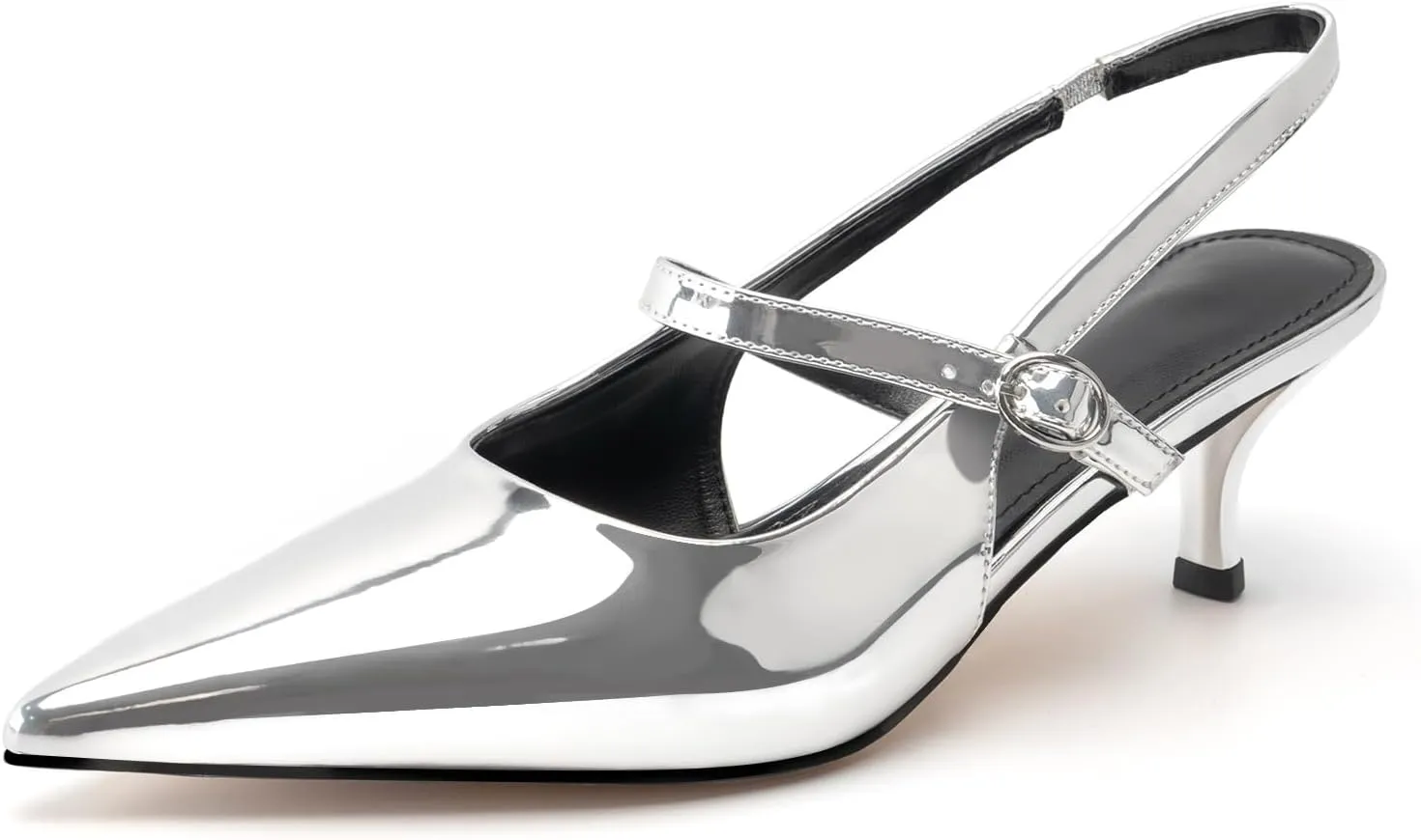 DREAMCIA Metallic Silver Heels for Women Dressy，Kitten Heels Women's Slingback Pumps with Pointed Closed Toe Low Heeled Shoes for Elegant Bridal Wedding Office Party（Size 8.5）