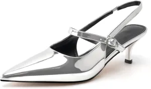 DREAMCIA Metallic Silver Heels for Women Dressy，Kitten Heels Women's Slingback Pumps with Pointed Closed Toe Low Heeled Shoes for Elegant Bridal Wedding Office Party（Size 8.5）