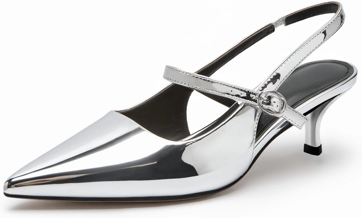 DREAMCIA Metallic Silver Heels for Women Dressy，Kitten Heels Women's Slingback Pumps with Pointed Closed Toe Low Heeled Shoes for Elegant Bridal Wedding Office Party（Size 6）