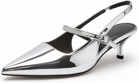 DREAMCIA Metallic Silver Heels for Women Dressy，Kitten Heels Women's Slingback Pumps with Pointed Closed Toe Low Heeled Shoes for Elegant Bridal Wedding Office Party（Size 6）