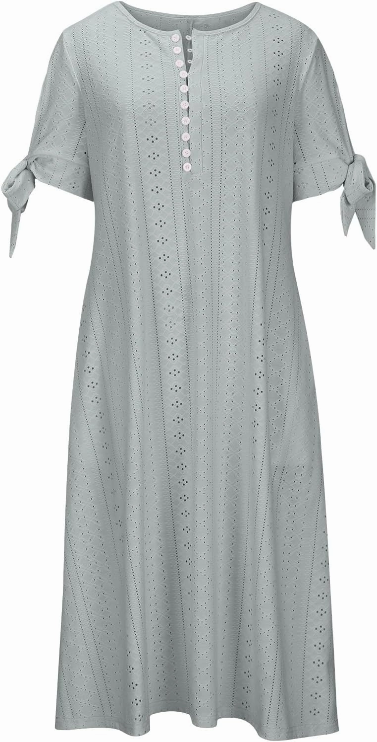 Dresses for Women 2024 Casual Eyelet Short Sleeve Button Long Dress Summer V Neck Going Out Maxi Dress with Pockets