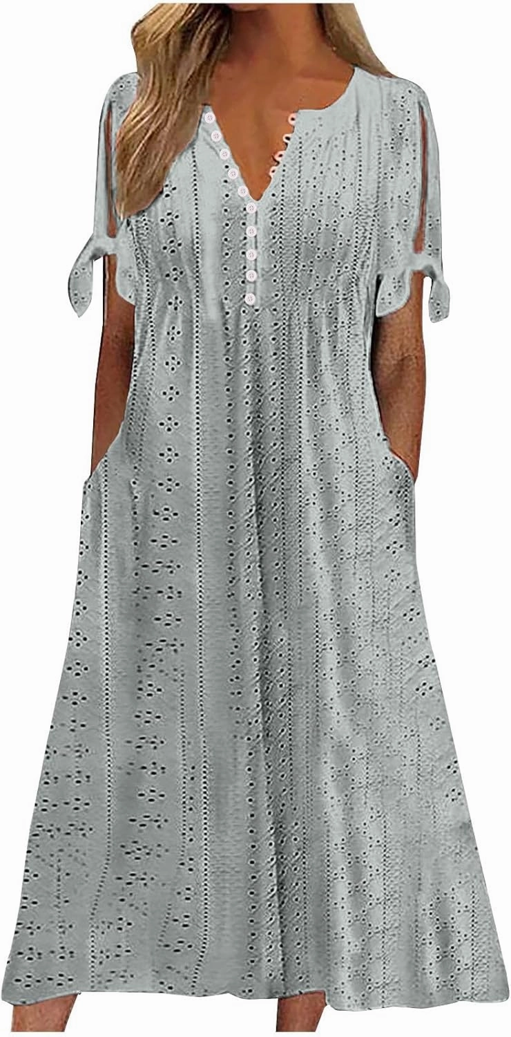 Dresses for Women 2024 Casual Eyelet Short Sleeve Button Long Dress Summer V Neck Going Out Maxi Dress with Pockets