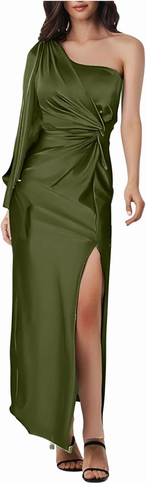 Dresses for Women Sexy One Shoulder Twist Front Long Formal Dress High Split Cocktail Wedding Party Maxi Dress