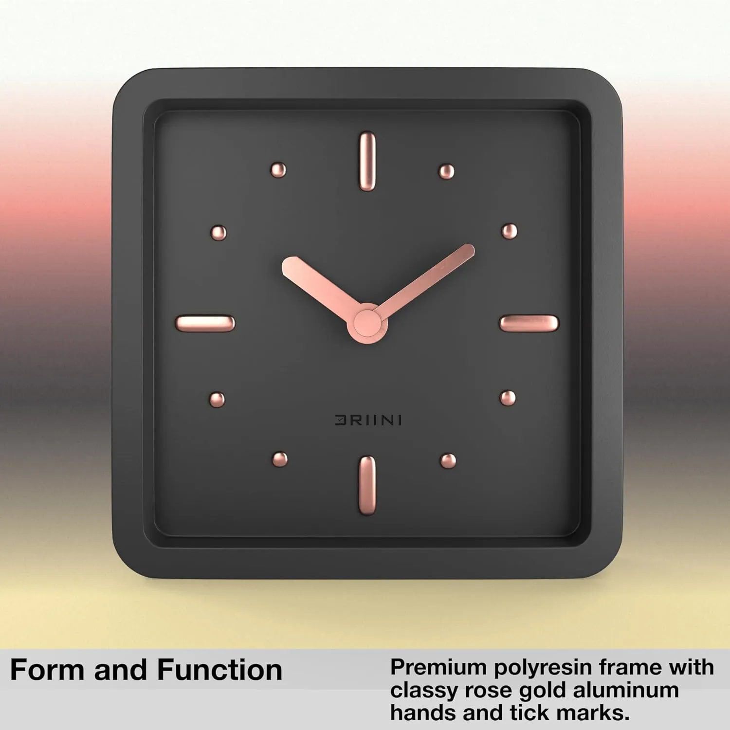 Driini Modern Mid Century Desk & Shelf Clock (Black Rose Gold) - Battery Operated with Silent, Analog Movement – Small Tabletop Clocks for Office – Perfect for Mantle, End Table, Desktop or Nightstand