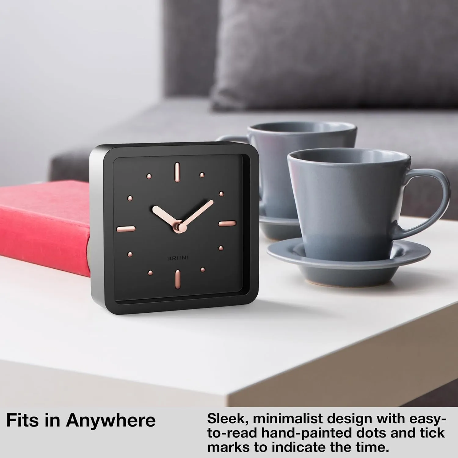 Driini Modern Mid Century Desk & Shelf Clock (Black Rose Gold) - Battery Operated with Silent, Analog Movement – Small Tabletop Clocks for Office – Perfect for Mantle, End Table, Desktop or Nightstand