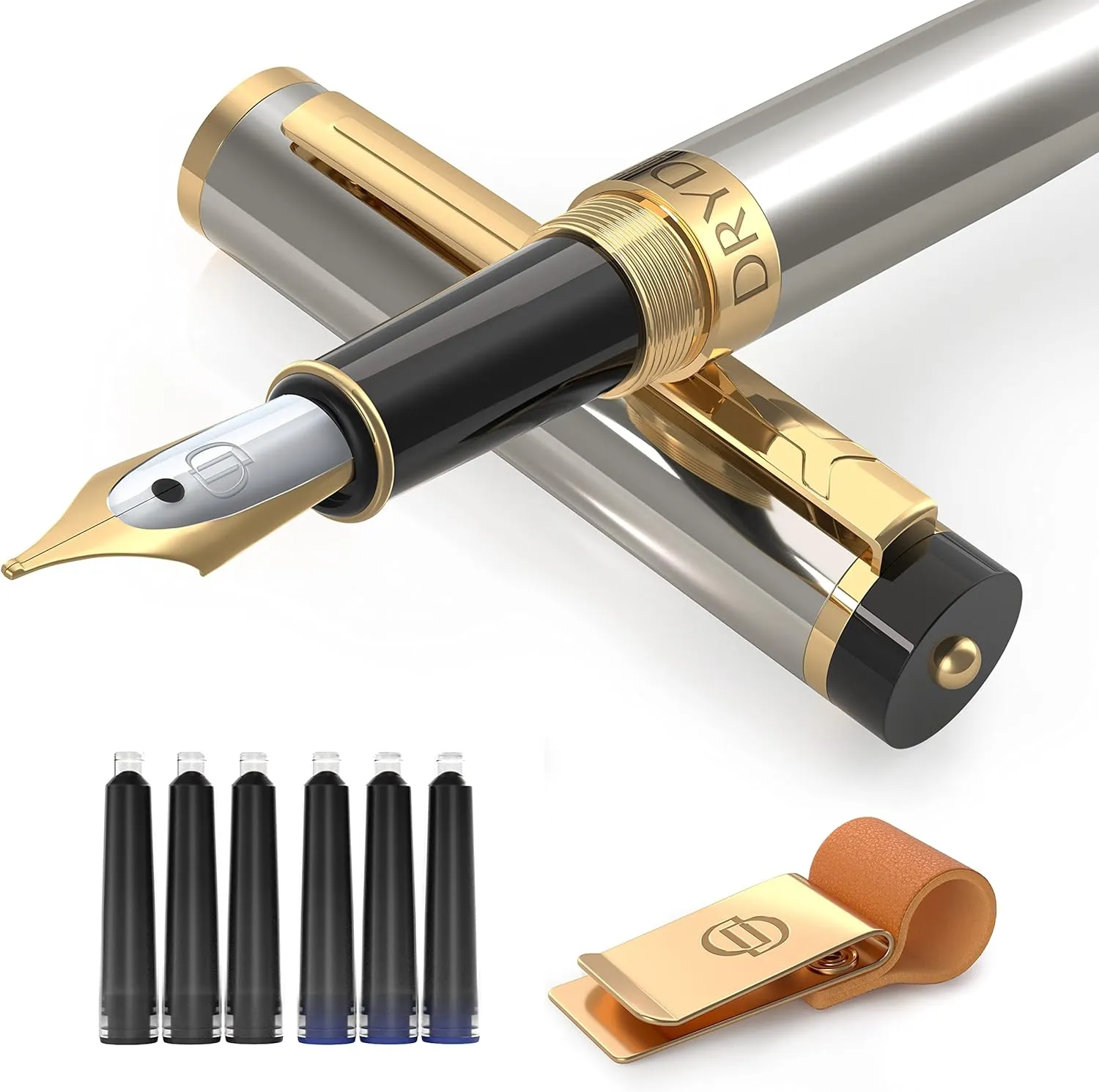 Dryden Designs Fountain Pen - Medium Nib 0.5mm | Includes 6 Ink Cartridges (3 Black, 3 Blue), Notebook Clips and Ink Refill Converter | - Silver.