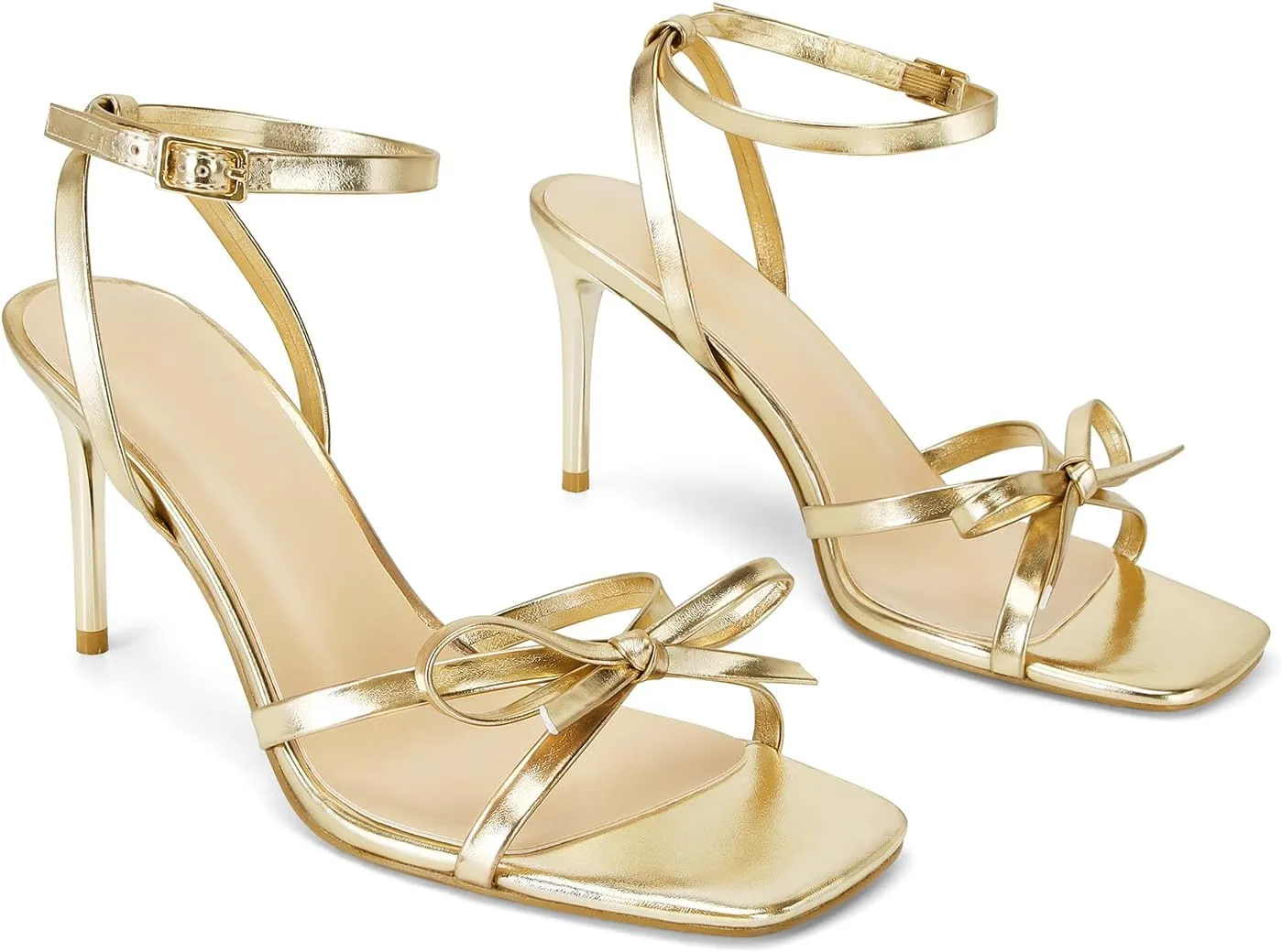 Dsevht Gold Bow Heels for Women Sexy Stiletto Strappy Heeled Sandals Square Open Toe Bow Knot Metallic Slingback Heels Dress Shoes