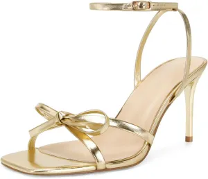 Dsevht Gold Bow Heels for Women Sexy Stiletto Strappy Heeled Sandals Square Open Toe Bow Knot Metallic Slingback Heels Dress Shoes